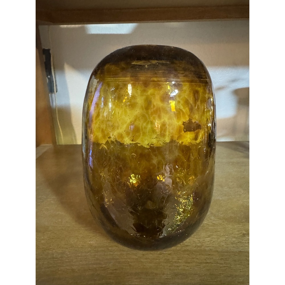 Art Glass Medium Amber Tortoise Shell Swirl Glass Vase Heavy Textured Orb Shape